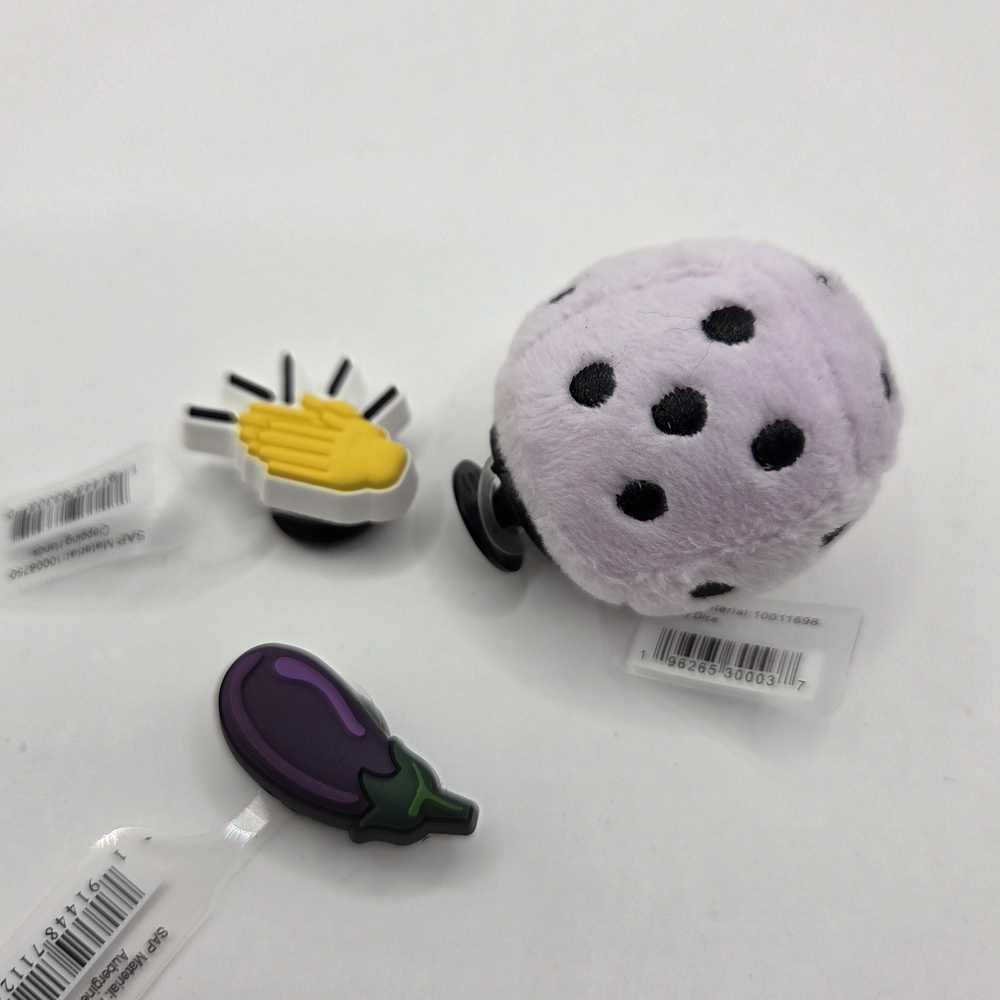 Croc Jibbitz Lot Of 3 - Eggplant, Clapping Hands, and Purple Fuzzy Dice